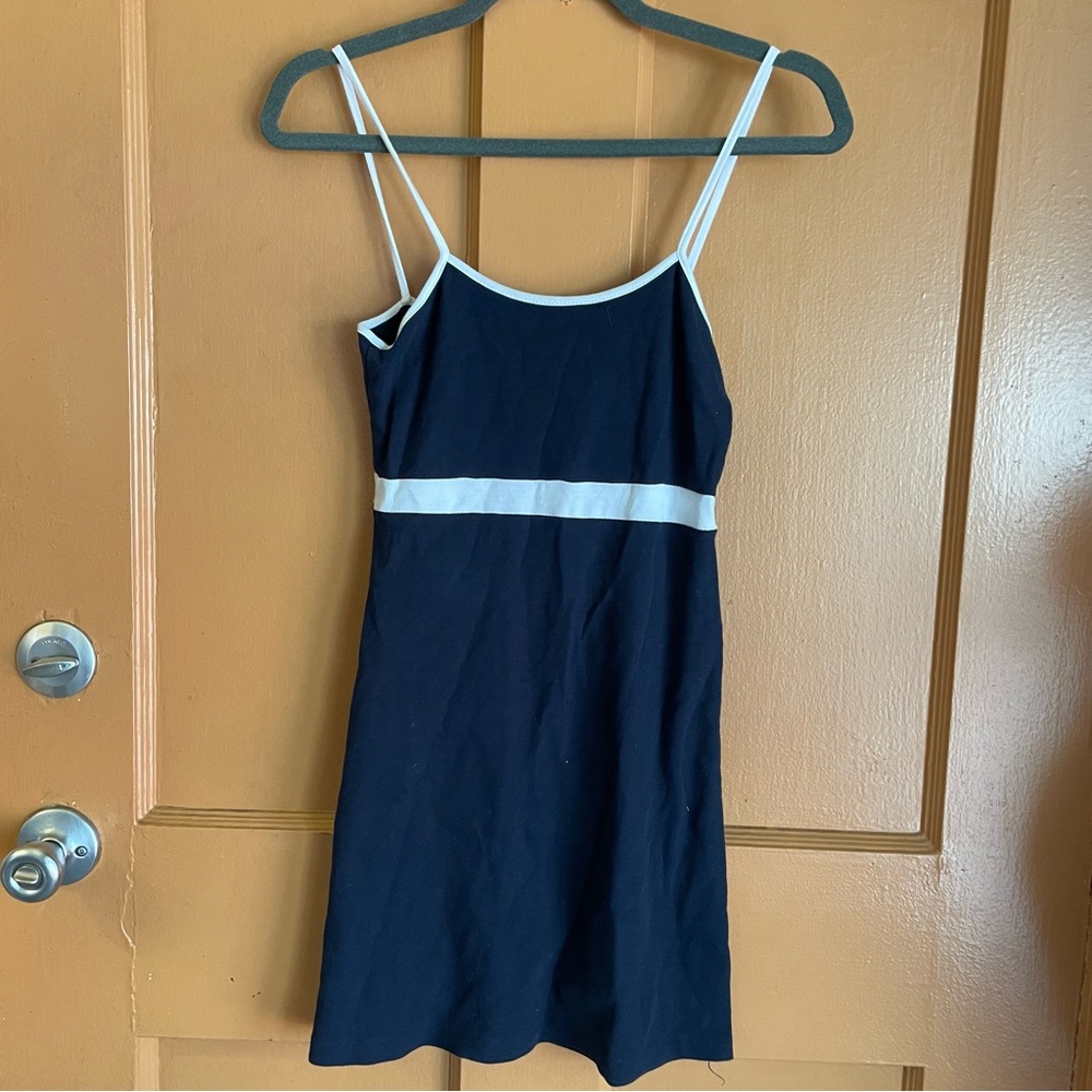 Brandy Melville Navy and White Spaghetti Strap Lillian Mini Dress SZ Medium (6)